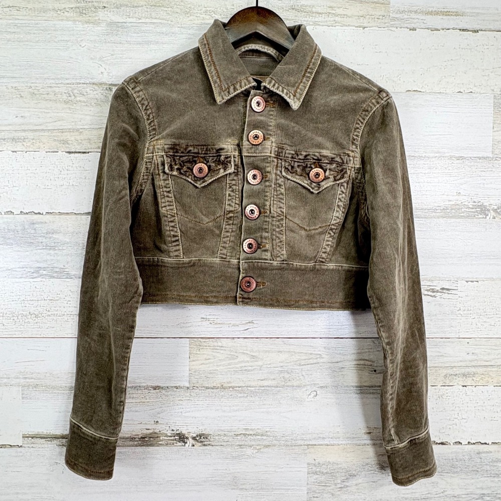 Z Cavaricci Y2K Vintage Corduroy Cropped Jacket XS Button Front Olive Green